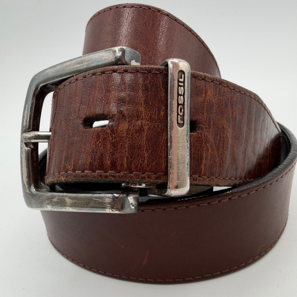 Y2K Fossil Reversible Leather Belt Mens 32 Brown Black Chunky Vintage Casual
